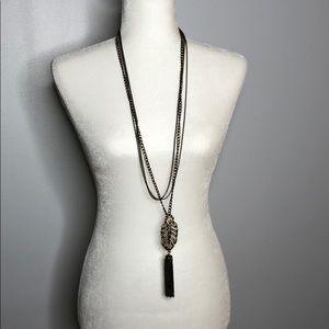 Monstera Leaf Long Necklace Gold Chain Tassle